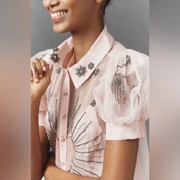 Anthropologie Maeve Pink Sheer Beaded Embroidered Short Sleeve Mini Dress NWT - Picture 2 of 15